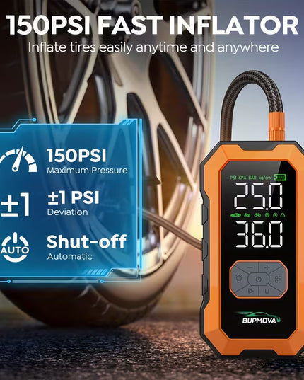 Automobilio užvedėjas su kompresoriumi 9000A 25000mAh – galingas 12V akumuliatoriaus paleidimo įrenginys su power bank ir LED žibintais benzinui ir 10.0L dyzeliui