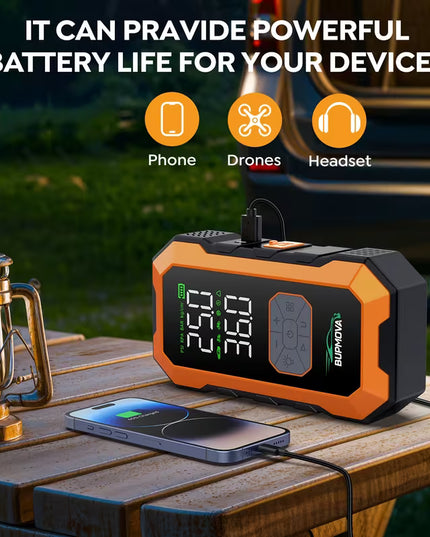 Automobilio užvedėjas su kompresoriumi 9000A 25000mAh – galingas 12V akumuliatoriaus paleidimo įrenginys su power bank ir LED žibintais benzinui ir 10.0L dyzeliui