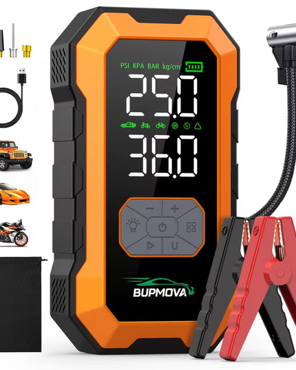 Automobilio užvedėjas su kompresoriumi 9000A 25000mAh – galingas 12V akumuliatoriaus paleidimo įrenginys su power bank ir LED žibintais benzinui ir 10.0L dyzeliui