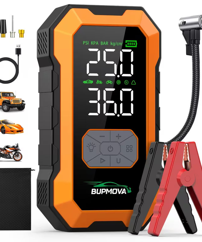 Automobilio užvedėjas su kompresoriumi 9000A 25000mAh – galingas 12V akumuliatoriaus paleidimo įrenginys su power bank ir LED žibintais benzinui ir 10.0L dyzeliui