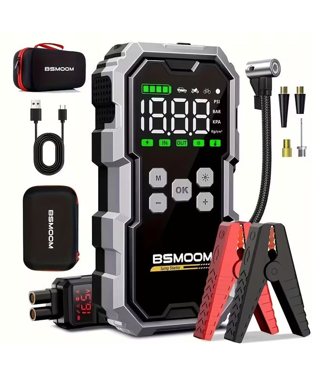 Automobilio užvedėjas su kompresoriumi BSMOOM 9000A – galingas 12V startuoklis, akumuliatoriaus paleidimo įrenginys, maitinimo bankas ir LED žibintai benzino ir 10.0L dyzelio varikliams