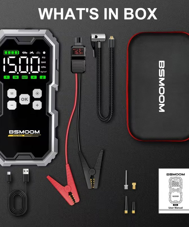 Automobilio užvedėjas su kompresoriumi BSMOOM 9000A – galingas 12V startuoklis, akumuliatoriaus paleidimo įrenginys, maitinimo bankas ir LED žibintai benzino ir 10.0L dyzelio varikliams