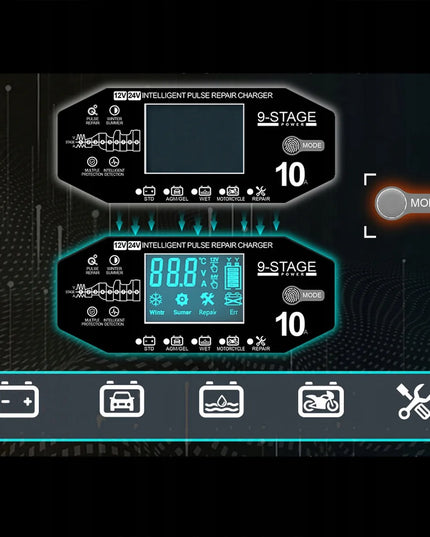 Automatinis išmanusis akumuliatoriaus įkroviklis su LCD ekranu, 12 V / 24 V, 10 A