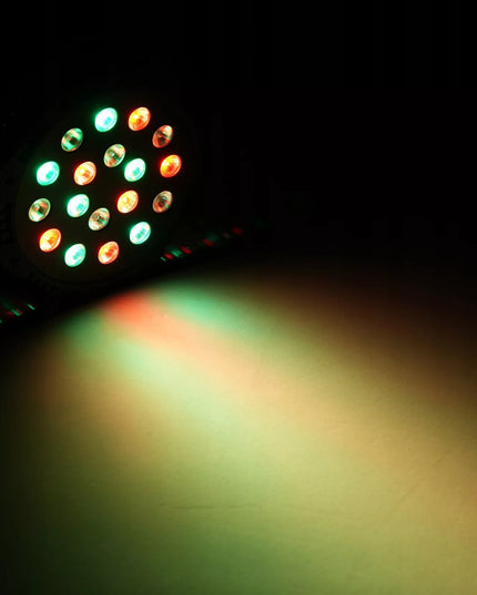 SPALVŲ KOLOROFONAS LEMPA 18LED STROBOSKOPO REFLĖKTORIUS DISKOTEKINIS VAKARĖLIUI DMX REŽIMAI