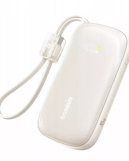 BASEUS išorinė baterija 10000 mAh 45W su ekranu ir nuimamu USB-C/Lightning laidu