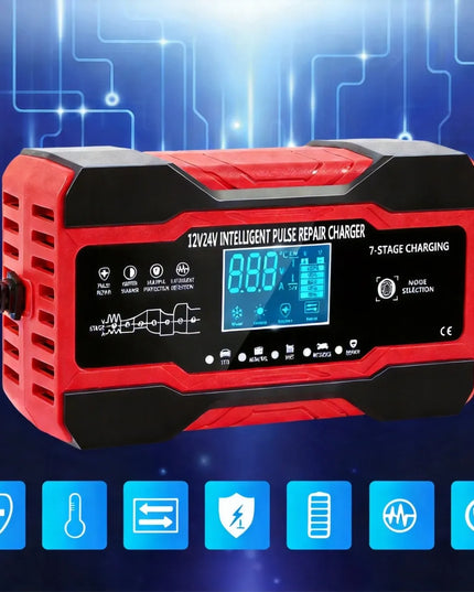 Galingas išmanusis automatinis akumuliatoriaus įkroviklis su LCD ekranu, 10 A, 12 V / 24 V