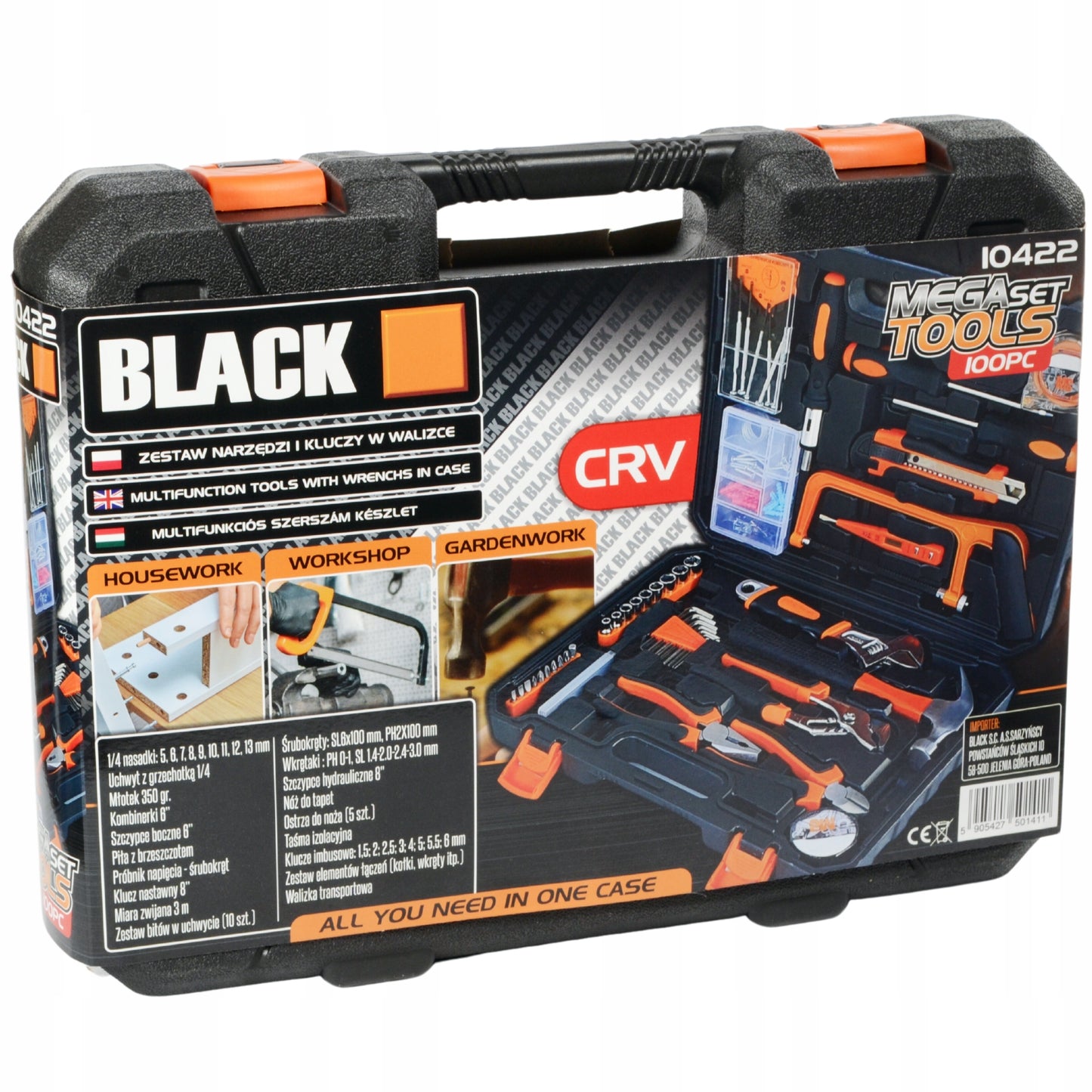 Įrankių dėklas 100 vnt. Raktai, Antgaliai, Atsuktuvai, Plaktukas, Replės CRV BLACK