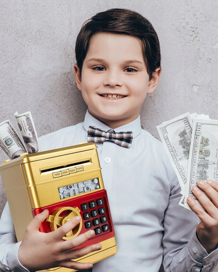 Elektroninė seifo tipo taupyklė vaikams, atidaroma PIN kodu, skirta banknotams ir monetoms