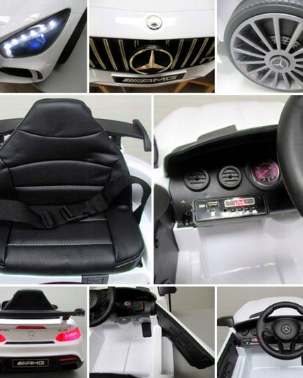 Baltas vaikiškas elektromobilis Mercedes GTR-S, minkšti EVA ratai, odinė sėdynė