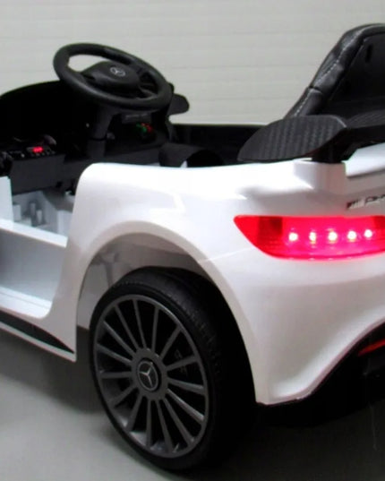 Baltas vaikiškas elektromobilis Mercedes GTR-S, minkšti EVA ratai, odinė sėdynė