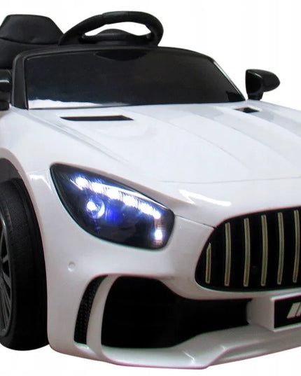 Baltas vaikiškas elektromobilis Mercedes GTR-S, minkšti EVA ratai, odinė sėdynė