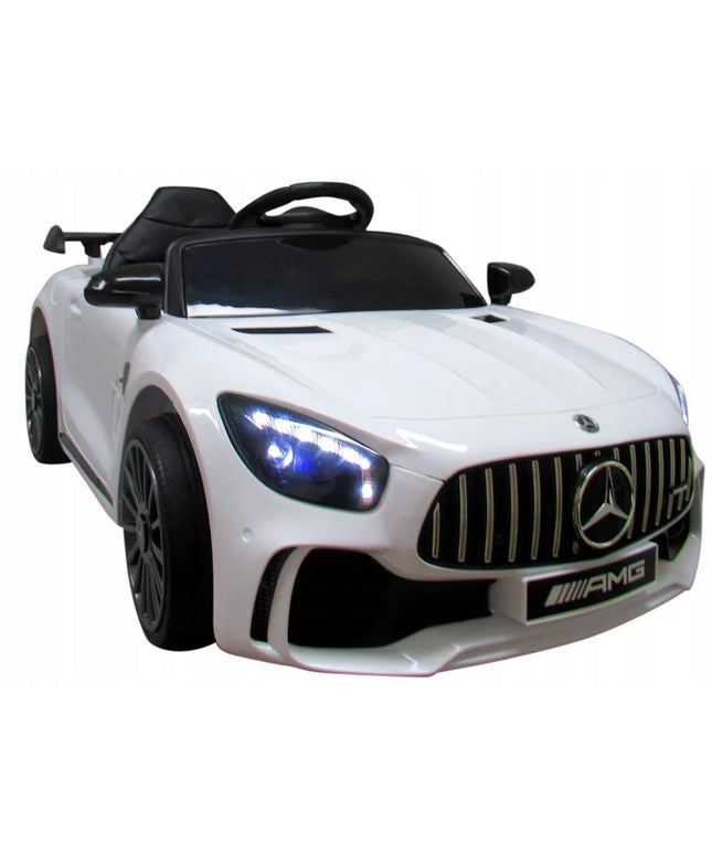 Baltas vaikiškas elektromobilis Mercedes GTR-S, minkšti EVA ratai, odinė sėdynė