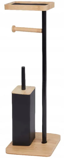 Bambusinis tualetinio popieriaus laikiklis su lentynėle ir šepetėliu, juodas, 66x21x16,7 cm