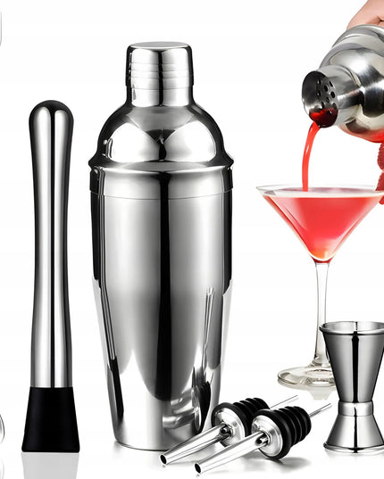 Barmanski rinkinys kokteiliams 6 dalių, plieninis, su plaktuvu, matuokliu, šaukštu ir grūstuvu