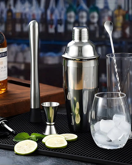 Barmanski rinkinys kokteiliams 6 dalių, plieninis, su plaktuvu, matuokliu, šaukštu ir grūstuvu