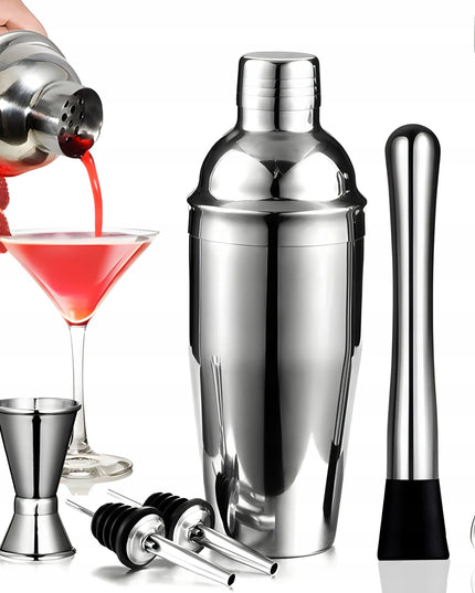 Barmanski rinkinys kokteiliams 6 dalių, plieninis, su plaktuvu, matuokliu, šaukštu ir grūstuvu