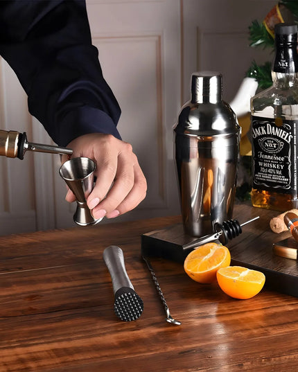 Barmanski rinkinys kokteiliams 6 dalių, plieninis, su plaktuvu, matuokliu, šaukštu ir grūstuvu
