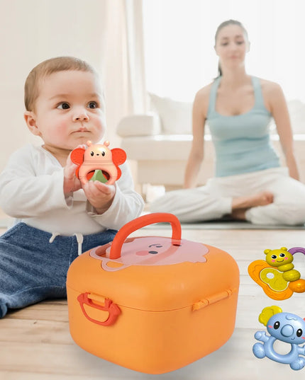 Barškučiai kramtukai gyvūnėliai rinkinys 12 vnt. lagaminėlis mažyliams