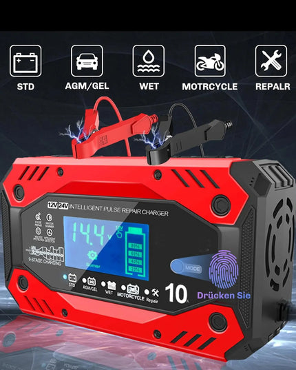 Automatinis automobilinis akumuliatorių įkroviklis su atkūrimo funkcija, 12 V / 24 V