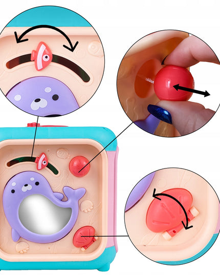 Ugdomasis sensorinis kubas - rūšiuoklis, labirintas, vėrimo žaislas, pianinas 7in1