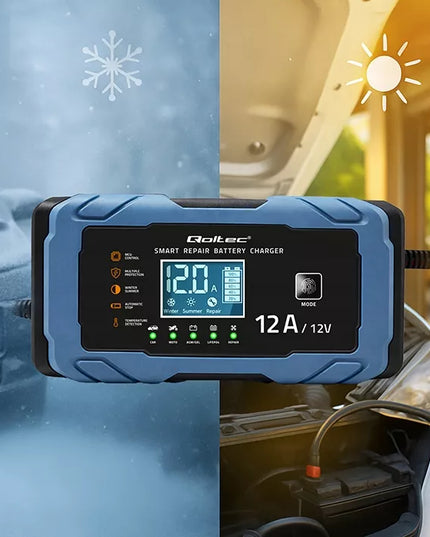 Prostownik 12V 12A AGM GEL LiFePO4 LCD z funkcją naprawy 9-etapowy Qoltec