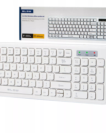 Belaidė klaviatūra ir pelė BLOW universalus USB tylus rinkinys SLIM baltas