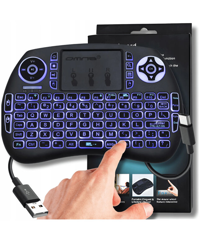 Belaidė mini klaviatūra su apšvietimu ir „touchpad“ planšetėms bei telefonams