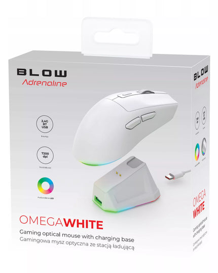 Belaidė optinė žaidimų pelė Adrenaline OMEGA su įkrovimo stotele, USB, Bluetooth, 2.4GHz, balta