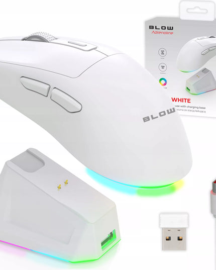 Belaidė optinė žaidimų pelė Adrenaline OMEGA su įkrovimo stotele, USB, Bluetooth, 2.4GHz, balta