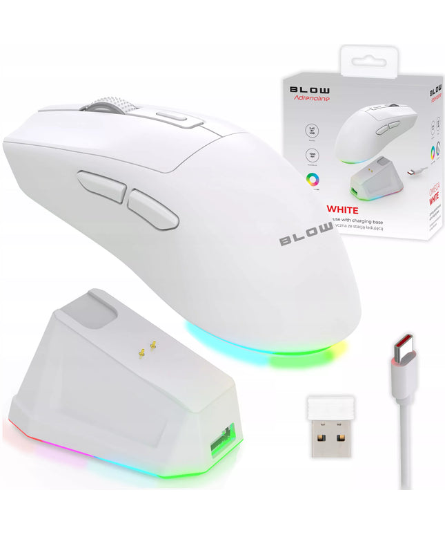 Belaidė optinė žaidimų pelė Adrenaline OMEGA su įkrovimo stotele, USB, Bluetooth, 2.4GHz, balta
