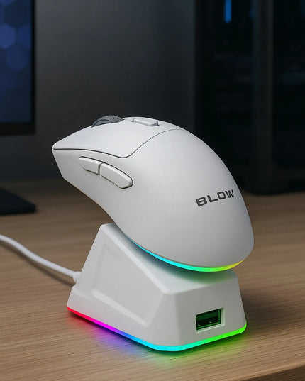 Belaidė optinė žaidimų pelė Adrenaline OMEGA su įkrovimo stotele, USB, Bluetooth, 2.4GHz, balta