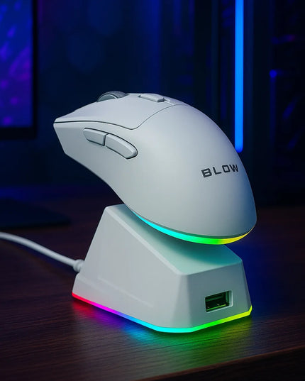 Belaidė optinė žaidimų pelė Adrenaline OMEGA su įkrovimo stotele, USB, Bluetooth, 2.4GHz, balta