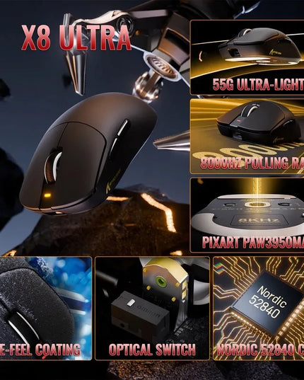 Belaidė optinė žaidimų pelė Attack Shark X8 Ultimate juoda 8K