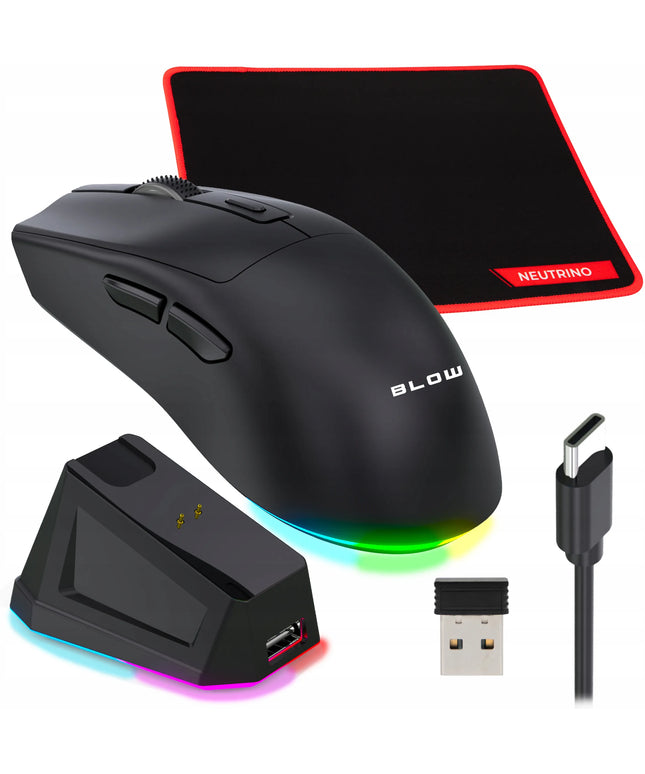 Belaidė optinė žaidimų pelė su įkrovimo stotele USB Bluetooth 2.4GHz + kilimėlis