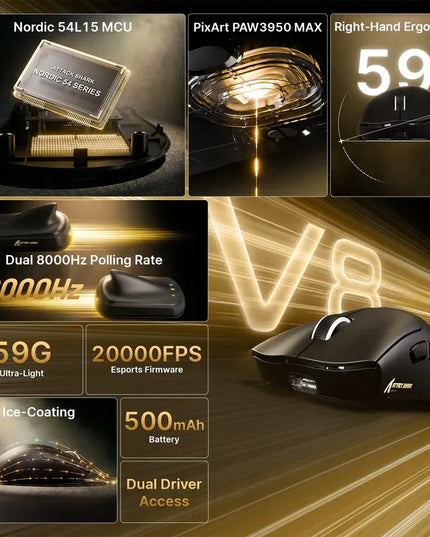 Belaidė pelė Attack Shark V8 – ultralengva, Nordic 54L15, PAW3950MAX