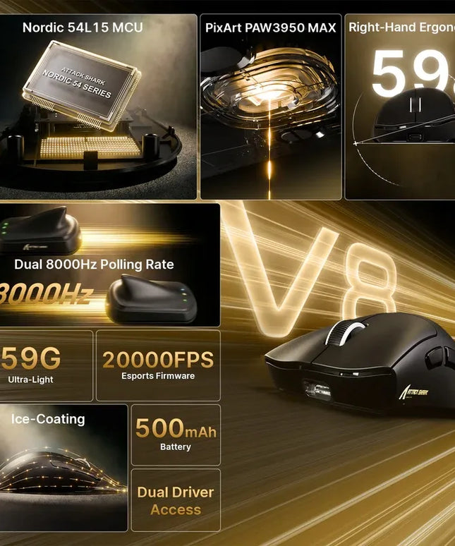 Belaidė pelė Attack Shark V8 – ultralengva, Nordic 54L15, PAW3950MAX