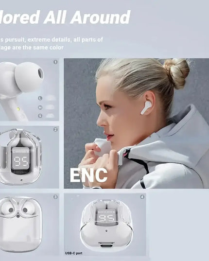 Belaidės ausinės su „Hifi Dual Stereo“ mikrofonais ir LED ekranu