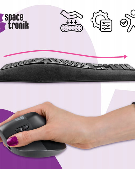 Belaidis ergonomiškas Spacetronik klaviatūros ir pelės rinkinys, pilkas