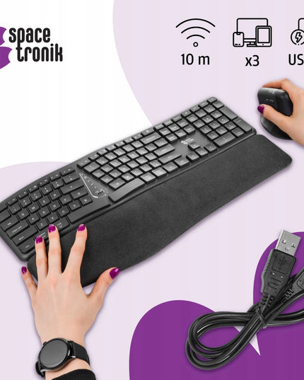 Belaidis ergonomiškas Spacetronik klaviatūros ir pelės rinkinys, pilkas