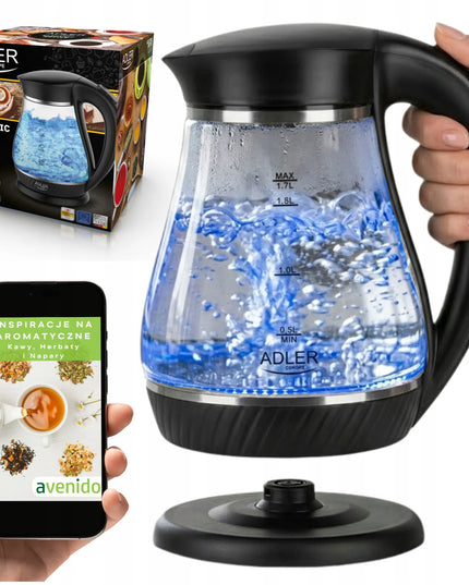 Belaidis stiklinis elektrinis virdulys Adler 1,7 l 2200 W, juodas, LED