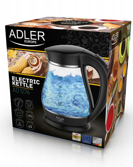 Belaidis stiklinis elektrinis virdulys Adler 1,7 l 2200 W, juodas, LED