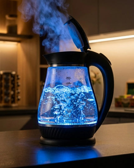 Belaidis stiklinis elektrinis virdulys Adler 1,7 l 2200 W, juodas, LED