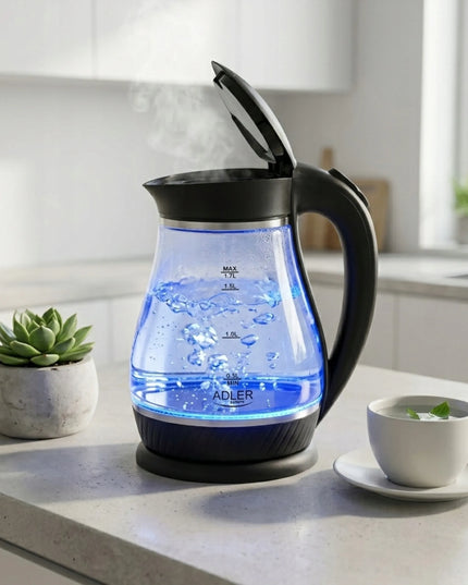 Belaidis stiklinis elektrinis virdulys Adler 1,7 l 2200 W, juodas, LED