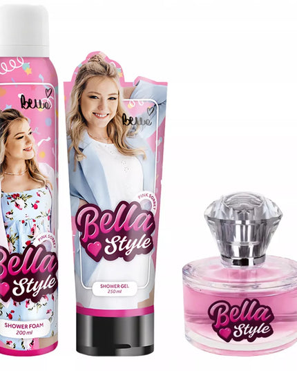 Bella Style Pink dovanų rinkinys: 3 kosmetikos priemonės – dušo putos, gelis ir kvepalai