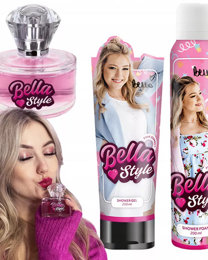 Bella Style Pink dovanų rinkinys: 3 kosmetikos priemonės – dušo putos, gelis ir kvepalai