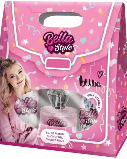 Bella Style Pink dovanų rinkinys: 3 kosmetikos priemonės – dušo putos, gelis ir kvepalai