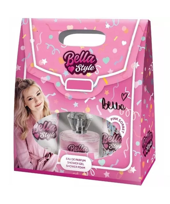 Bella Style Pink dovanų rinkinys: 3 kosmetikos priemonės – dušo putos, gelis ir kvepalai