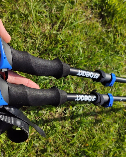 Sulankstomos reguliuojamos trekingo lazdos Beon Fold Lite Blue 110–130 cm – aliuminio, su dėklu ir antgaliais