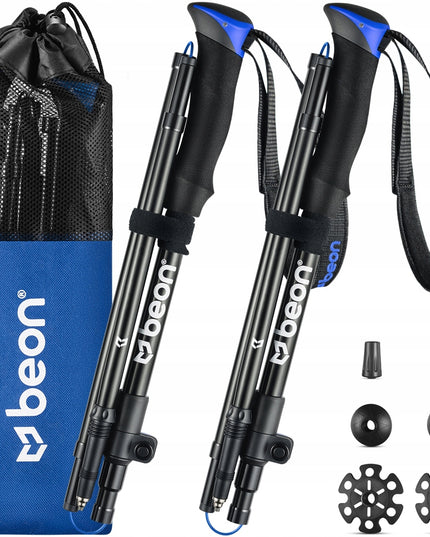 Sulankstomos reguliuojamos trekingo lazdos Beon Fold Lite Blue 110–130 cm – aliuminio, su dėklu ir antgaliais