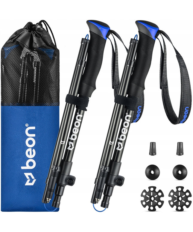 Sulankstomos reguliuojamos trekingo lazdos Beon Fold Lite Blue 110–130 cm – aliuminio, su dėklu ir antgaliais